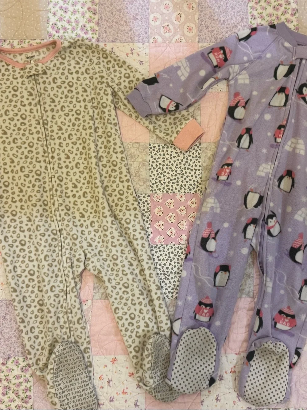 Carter's Beige Leopard Print & Purple Penguin Footed Pajamas